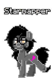 Size: 208x292 | Tagged: safe, artist:salty air, derpibooru import, oc, oc:starmapper, unofficial characters only, earth pony, pony, pony town, black mane, dark gray coat, digital art, earth pony oc, female, gif, glasses, golden eyes, image, mare, pixel art, trotting, trotting in place