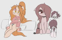 Size: 1086x690 | Tagged: safe, artist:castafae, derpibooru import, oc, oc:golden jubilee, oc:satin stitch, oc:velveteen, unofficial characters only, earth pony, pony, unicorn, blushing, chest fluff, choker, clothes, female, filly, foal, frown, glasses, gray background, hair over one eye, horn, image, lidded eyes, mare, messy mane, mother and child, mother and daughter, pigtails, pillow, png, ponytail, simple background, sitting, skirt, smiling, striped underwear, sweater, tail, tail wag, underwear