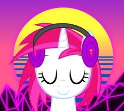 Size: 3000x2687 | Tagged: safe, artist:keronianniroro, derpibooru import, oc, oc:dazzler, unofficial characters only, pony, unicorn, eyes closed, headphones, horn, image, png, retrowave, solo, synthwave, vector