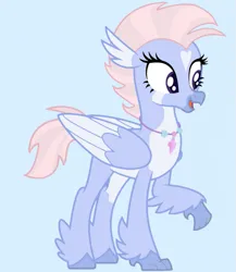 Size: 651x750 | Tagged: safe, alternate version, artist:savygriffs, artist:sharpwit, derpibooru import, edit, oc, unnamed oc, unofficial characters only, classical hippogriff, hippogriff, alternate hairstyle, base used, blue background, coat markings, female, g4, heart, heart mark, hippogriff oc, image, jewelry, light blue background, necklace, open mouth, png, short mane, short tail, simple background, solo, tail