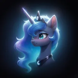 Size: 1328x1328 | Tagged: safe, ai content, derpibooru import, generator:bluefox mix, machine learning generated, prompter:adorablebluefox, stable diffusion, princess luna, alicorn, pony, blurry background, blushing, bust, eyelashes, female, g4, glow, glowing horn, glowing mane, gradient background, happy, horn, image, jewelry, mare, png, portrait, regalia, side view, smiling, solo, tiara, vignette