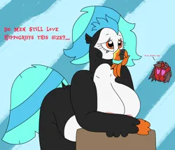 Size: 2368x2024 | Tagged: suggestive, artist:supahdonarudo, derpibooru import, oc, oc:icebeak, oc:ironyoshi, unofficial characters only, anthro, hippogriff, breasts, chubby, curvy, derpibooru exclusive, dialogue, disembodied head, heart, heart eyes, image, png, simple background, text, thinking, wingding eyes
