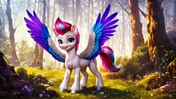 Size: 1920x1080 | Tagged: safe, ai content, derpibooru import, machine learning generated, zipp storm, pegasus, pony, g5, forest, image, jpeg, nature, solo, tree