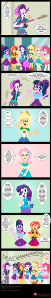 Size: 900x5227 | Tagged: safe, artist:niban-destikim, derpibooru import, applejack, fluttershy, pinkie pie, rainbow dash, rarity, sci-twi, starlight glimmer, sunset shimmer, twilight sparkle, butterfly, human, insect, equestria girls, 2d, applejack's hat, bangs, beanie, boots, bowtie, breasts, busty applejack, canterlot high, clothes, commission, cowboy boots, cowboy hat, denial, denim, denim skirt, dialogue, dress, electric guitar, female, fluttershy boho dress, g4, geode of empathy, geode of fauna, geode of shielding, geode of sugar bombs, geode of super strength, geode of telekinesis, glasses, group, guitar, hairclip, hat, humanized, image, implied lesbian, implied rainbow dash, indoors, jpeg, leather, leather vest, magical geodes, musical instrument, ponytail, rarity peplum dress, shirt, shoes, sideburns, skirt, sleeveless, speech bubble, t-shirt, text, vest, waistband, word bubble