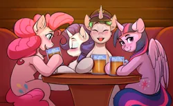 Size: 1807x1110 | Tagged: safe, artist:kittytitikitty, derpibooru import, pinkie pie, rarity, twilight sparkle, oc, alcohol, bar, beer, canon x oc, drunk, image, png