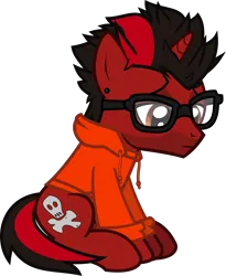 Size: 942x1150 | Tagged: safe, artist:lightningbolt, derpibooru import, ponified, pony, unicorn, .svg available, all time low, clothes, derpibooru exclusive, dyed mane, dyed tail, ear piercing, facial hair, frown, g4, glasses, hood, hoodie, horn, image, jack barakat, looking down, male, piercing, png, sad, show accurate, sitting, solo, stallion, tail, vector