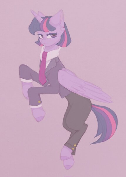 Size: 1464x2048 | Tagged: safe, artist:engelsschwarz, derpibooru import, twilight sparkle, twilight sparkle (alicorn), alicorn, pony, alternate hairstyle, business suit, clothes, female, image, jpeg, mare, necktie, pants, purple background, shirt, simple background, solo, suit, unshorn fetlocks