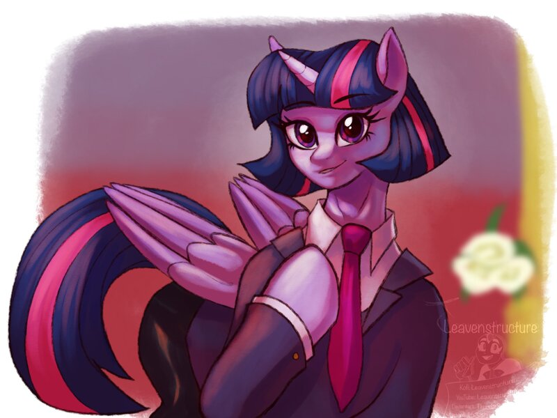 Size: 2160x1620 | Tagged: safe, artist:leavenstructure, derpibooru import, twilight sparkle, twilight sparkle (alicorn), alicorn, pony, alternate hairstyle, business suit, clothes, cute, female, image, jpeg, mare, necktie, pants, raised hoof, shirt, solo, suit, twiabetes