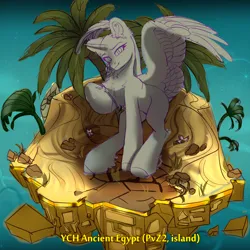 Size: 2500x2500 | Tagged: safe, artist:medkit, derpibooru import, oc, alicorn, pony, advertisement, ancient egypt, any gender, any race, any species, auction, auction open, chest fluff, coconut, colored sketch, commission, cracks, ear cleavage, ear fluff, feathered wings, flower, food, gold, grass, heart shaped, high res, hoof fluff, image, island, looking at you, ocean, palm tree, partially open wings, plants vs zombies 2: it's about time, png, raised hoof, rock, ruins, sale, sand, shoulder fluff, sketch, smiling, solo, space, standing, stars, sternocleidomastoid, tree, water, wings, your character here