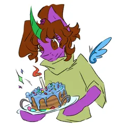 Size: 1500x1500 | Tagged: safe, artist:destiny_manticor, derpibooru import, oc, oc:destiny manticor, unofficial characters only, alicorn, pony, birthday cake, cake, candle, claws, clothes, digital art, female, food, horn, image, looking at something, mare, png, simple background, solo, sparkles, white background, wing claws, wings