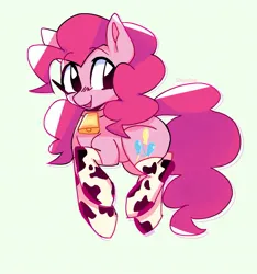 Size: 1503x1603 | Tagged: safe, artist:sillyp0ne, derpibooru import, pinkie pie, earth pony, pony, bell, big eyes, colored, colored pinnae, cow socks, cowbell, curly mane, curly tail, cute, diapinkes, eyebrows, eyebrows visible through hair, eyelashes, female, flat colors, g4, image, in air, jpeg, long socks, looking back, mare, open mouth, open smile, pink coat, pink mane, pink tail, ponies in socks, simple background, smiling, solo, tail, white background, wingding eyes