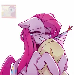 Size: 1503x1517 | Tagged: safe, artist:sillyp0ne, derpibooru import, screencap, madame le flour, pinkie pie, earth pony, pony, party of one, blushing, colored, crying, desaturated, eyelashes, eyes closed, female, flat colors, floppy ears, flour sack, g4, hat, hug, image, jpeg, long mane, long tail, mare, party hat, pink coat, pink mane, pink tail, pinkamena diane pie, scene interpretation, simple background, smiling, solo, straight mane, straight tail, tail, white background