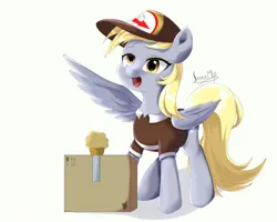 Size: 1250x1000 | Tagged: safe, artist:jxxnxmlp, derpibooru import, derpy hooves, pegasus, pony, delivery pony, derp, female, food, image, jpeg, mailmare, mare, muffin, open mouth, open smile, package, signature, simple background, smiling, solo, spread wings, white background, wings