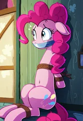 Size: 1280x1856 | Tagged: suggestive, ai content, derpibooru import, machine learning generated, pinkie pie, earth pony, pony, bondage, female, gag, image, kidnapped, mare, png, scared, solo, tape, tape gag, tied up