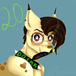 Size: 5000x5000 | Tagged: safe, artist:deadsmoke, derpibooru import, oc, oc:ddsmk, unofficial characters only, earth pony, birthday, bust, choker, ear fluff, ear piercing, earring, glasses, half body, image, jewelry, pen, pencil drawing, piercing, png, ponysona, portrait, simple background, smiling, spots, traditional art, white pupils
