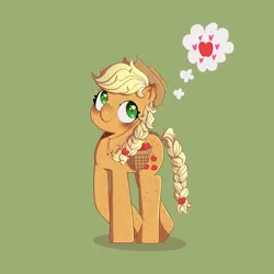 Size: 2048x2048 | Tagged: safe, artist:keshkolours, derpibooru import, applejack, earth pony, pony, apple, braid, braided ponytail, braided tail, cute, female, food, freckles, green background, heart, image, jackabetes, mare, png, ponytail, redesign, signature, simple background, smiling, solo, tail, that pony sure does love apples, thought bubble
