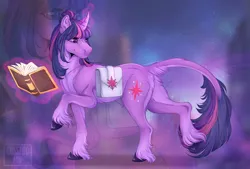 Size: 1280x863 | Tagged: safe, artist:cossmicmin, derpibooru import, twilight sparkle, classical unicorn, pony, unicorn, bag, book, cloven hooves, female, glow, glowing horn, horn, image, leonine tail, mare, png, saddle bag, smiling, solo, standing on two hooves, turned head, unicorn twilight, unshorn fetlocks, zoom layer