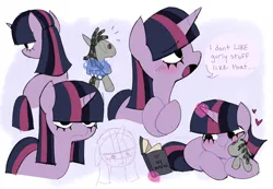 Size: 3179x2205 | Tagged: safe, artist:syrupyyy, derpibooru import, smarty pants, twilight sparkle, pony, unicorn, blushing, book, cuddling, cute, dialogue, emo, female, filly, filly twilight sparkle, floating heart, heart, high res, image, implied shining armor, it's not a phase, jpeg, levitation, magic, magic aura, my immortal, offscreen character, reading, solo, speech bubble, telekinesis, twiabetes, unicorn twilight, younger