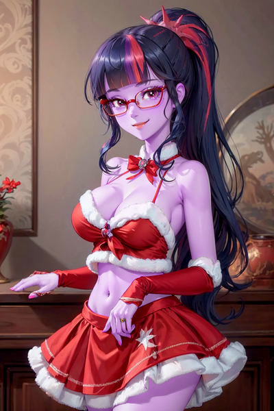 Size: 1024x1536 | Tagged: questionable, ai content, derpibooru import, editor:masterdarhil, machine learning generated, sci-twi, twilight sparkle, equestria girls, belly button, bow, breasts, busty twilight sparkle, christmas, cleavage, clothes, costume, female, furniture, g4, glasses, gloves, hair tie, holiday, image, jewelry, jpeg, long hair, midriff, miniskirt, neck bow, photoshop, prompter:sammykun, recolor, santa costume, seductive, sexy, skirt, smiling, solo, stupid sexy twilight, tube top, wide hips