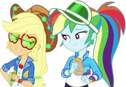 Size: 3666x2520 | Tagged: safe, artist:mrtoonlover83, derpibooru import, edit, edited screencap, screencap, applejack, rainbow dash, human, equestria girls, 2d, background removed, cap, clothes, equestria girls specials, eyebrows, female, g4, geode of super speed, geode of super strength, glasses, hat, image, lidded eyes, magical geodes, my little pony equestria girls: sunset's backstage pass, png, raised eyebrow, smiling, sunglasses, vest