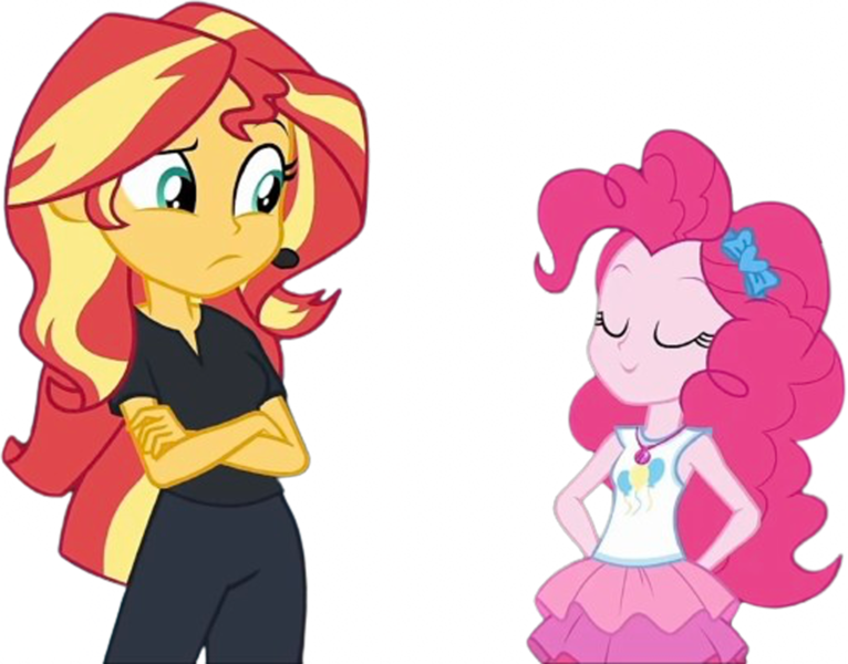 Size: 3216x2520 | Tagged: safe, artist:mrtoonlover83, derpibooru import, edit, edited screencap, screencap, pinkie pie, sunset shimmer, human, equestria girls, 2d, arm behind back, background removed, crossed arms, duo, eyes closed, female, g4, image, png