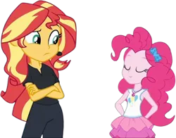 Size: 3216x2520 | Tagged: safe, artist:mrtoonlover83, derpibooru import, edit, edited screencap, screencap, pinkie pie, sunset shimmer, human, equestria girls, 2d, arm behind back, background removed, crossed arms, duo, eyes closed, female, g4, image, png