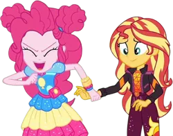 Size: 3216x2520 | Tagged: safe, artist:mrtoonlover83, derpibooru import, edit, edited screencap, screencap, pinkie pie, sunset shimmer, human, equestria girls, 2d, background removed, duo, equestria girls specials, eyes closed, female, g4, holding hands, image, my little pony equestria girls: sunset's backstage pass, open mouth, open smile, png, smiling