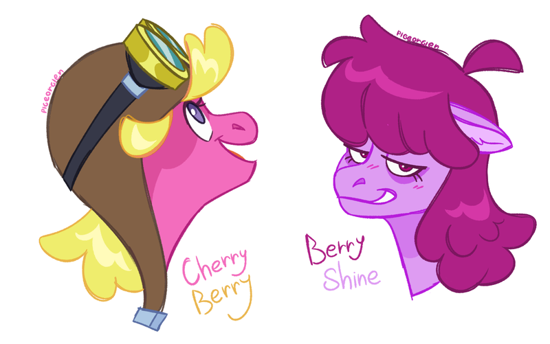 Size: 1359x851 | Tagged: safe, artist:pigeorgien, derpibooru import, berry punch, berryshine, cherry berry, earth pony, pony, aviator goggles, aviator hat, bust, duo, female, g4, goggles, hat, image, looking at you, looking up, mare, png, portrait, simple background, white background