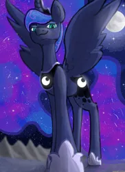 Size: 800x1100 | Tagged: safe, artist:summerbeachyt, derpibooru import, princess luna, alicorn, pony, ethereal mane, female, full moon, galaxy mane, galaxy tail, image, looking at you, mare, moon, png, smiling, solo, spread wings, wings