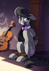 Size: 1280x1856 | Tagged: suggestive, ai content, derpibooru import, machine learning generated, octavia melody, earth pony, pony, bondage, bound and gagged, female, gag, image, kidnapped, mare, png, solo, solo female, tape, tape gag, tied up