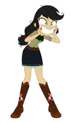 Size: 3300x5500 | Tagged: safe, artist:machakar52, derpibooru import, applejack, human, elements of insanity, equestria girls, alternate cutie mark, alternate universe, applepills, belt, boots, clothes, cutie mark, cutie mark on clothes, g4, hand on face, high heel boots, high heels, image, messy hair, png, shirt, shoes, simple background, skirt, smiling, solo, transparent background