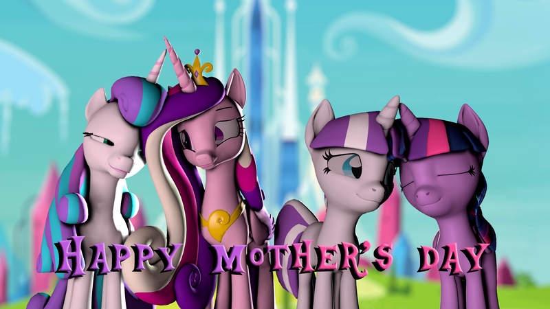 Size: 3840x2160 | Tagged: safe, artist:fazbearsparkle, derpibooru import, princess cadance, princess flurry heart, twilight sparkle, twilight velvet, 3d, female, grandmother and grandchild, grandmother and granddaughter, image, jpeg, mother and child, mother and daughter, mother's day, source filmmaker, text