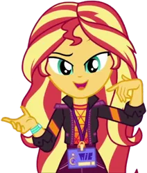 Size: 2141x2520 | Tagged: safe, artist:mrtoonlover83, derpibooru import, edit, edited screencap, screencap, sunset shimmer, human, equestria girls, 2d, background removed, backstage pass, clothes, eyebrows, female, g4, geode of empathy, image, jacket, leather, leather jacket, looking at you, magical geodes, open mouth, open smile, pants, png, raised eyebrow, simple background, smiling, solo, transparent background