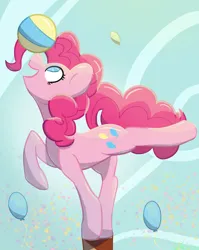 Size: 1350x1700 | Tagged: safe, artist:summerbeachyt, derpibooru import, pinkie pie, earth pony, pony, balancing, ball, balloon, confetti, cute, diapinkes, female, image, mare, open mouth, open smile, png, ponies balancing stuff on their nose, signature, sky, smiling, solo, standing on two hooves