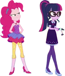 Size: 2147x2520 | Tagged: safe, artist:mrtoonlover83, derpibooru import, edit, edited screencap, screencap, pinkie pie, sci-twi, twilight sparkle, human, equestria girls, 2d, background removed, bangs, clothes, curly hair, female, g4, glasses, hairband, high heels, image, lidded eyes, png, ponytail, shoes, sideburns, simple background, smiling, transparent background