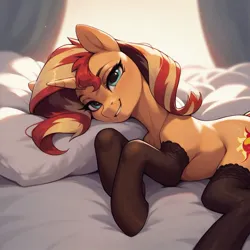 Size: 1024x1024 | Tagged: safe, ai content, derpibooru import, machine learning generated, stable diffusion, sunset shimmer, pony, unicorn, bed, clothes, female, generator:pony diffusion v6 xl, horn, image, jpeg, looking at you, lying down, mare, smiling, socks, solo, stockings, thigh highs