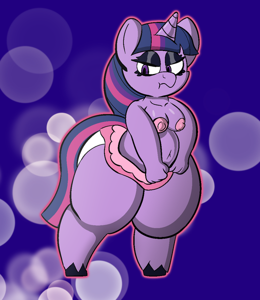 Size: 1020x1176 | Tagged: questionable, artist:theknewgreg, derpibooru import, twilight sparkle, anthro, pony, unguligrade anthro, unicorn, areola, belly, belly button, breasts, clothes, eyeshadow, female, frown, g4, image, lidded eyes, makeup, mare, miniskirt, nipples, nudity, partial nudity, pink areolas, pink nipples, png, skirt, solo, solo female, tail, thighs, thunder thighs, topless, undersized clothes, unicorn twilight, unshorn fetlocks