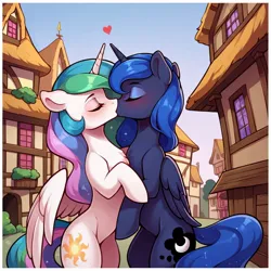 Size: 1024x1024 | Tagged: suggestive, ai content, machine learning generated, ponerpics import, prompter:neo meow, stable diffusion, princess celestia, princess luna, alicorn, bipedal, blushing, eyes closed, female, floating heart, heart, hug, image, incest, jpeg, kissing, lesbian, ponyville, princest, shipping