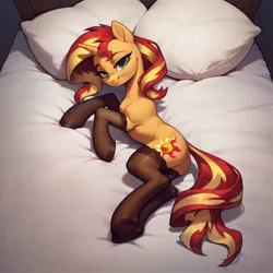 Size: 1024x1024 | Tagged: safe, ai content, derpibooru import, machine learning generated, stable diffusion, sunset shimmer, pony, unicorn, bed, clothes, female, generator:pony diffusion v6 xl, horn, image, jpeg, looking at you, lying down, mare, smiling, socks, solo, stockings, thigh highs