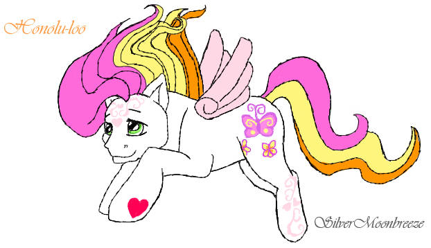 Size: 622x358 | Tagged: safe, artist:silvermoonbreeze, derpibooru import, baby honolu-loo, pegasus, pony, g3, 2006, colored wings, female, filly, flying, foal, hoof heart, image, jpeg, simple background, solo, underhoof, white background, wings