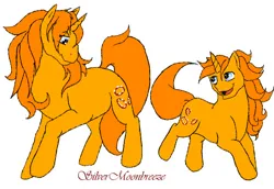 Size: 618x424 | Tagged: safe, artist:silvermoonbreeze, derpibooru import, gypsy (g1), oc, oc:baby gypsy, pony, unicorn, g1, 2006, duo, duo female, female, filly, foal, horn, image, jpeg, jumping, mare, mother and child, mother and daughter, open mouth, open smile, raised hoof, simple background, smiling, standing, white background