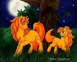 Size: 717x579 | Tagged: safe, artist:silvermoonbreeze, derpibooru import, gypsy (g1), oc, oc:baby gypsy, pony, unicorn, g1, 2006, duo, duo female, female, filly, foal, full moon, grass, horn, image, jpeg, jumping, mare, moon, mother and child, mother and daughter, night, open mouth, open smile, raised hoof, simple background, smiling, standing, tree