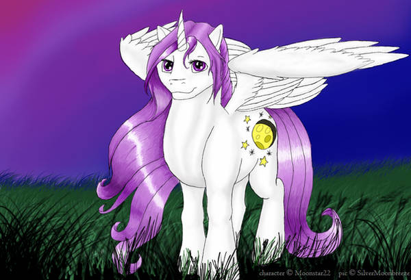 Size: 600x409 | Tagged: safe, artist:silvermoonbreeze, derpibooru import, oc, oc:moonstar (moonstar22), unofficial characters only, alicorn, pony, 2006, alicorn oc, female, grass, horn, image, jpeg, looking at you, mare, night, partially open wings, solo, standing, wings