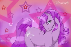 Size: 811x535 | Tagged: safe, artist:silvermoonbreeze, derpibooru import, dragonfly (g2), earth pony, pony, g2, 2006, female, image, jpeg, looking at you, mare, pink background, simple background, solo, stars, turned head
