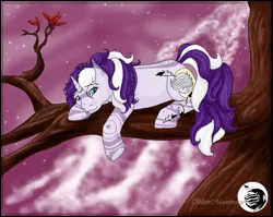 Size: 831x660 | Tagged: safe, artist:silvermoonbreeze, derpibooru import, oc, oc:moonbreeze, unofficial characters only, pony, unicorn, 2006, body markings, facial markings, female, horn, image, leg markings, lying down, lying on a branch, mare, png, prone, purple background, simple background, tree branch, unicorn oc