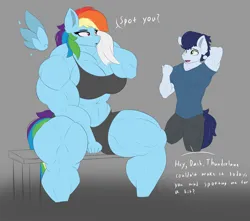 Size: 3500x3100 | Tagged: suggestive, artist:astrum, derpibooru import, rainbow dash, soarin', anthro, pegasus, abs, abstract background, amazon, arm behind head, belly button, bench, biceps, big breasts, breasts, busty rainbow dash, clothes, deltoids, dialogue, female, floating wings, image, larger female, male, midriff, muscles, muscular female, muscular male, open mouth, pants, pecs, png, rainbuff dash, shipping, shirt, shorts, sitting, size difference, smaller male, soarindash, sports bra, sports shorts, straight, talking, thighs, thunder thighs, towel, triceps, wings