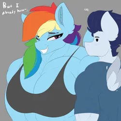 Size: 3000x3000 | Tagged: suggestive, artist:astrum, derpibooru import, rainbow dash, soarin', anthro, pegasus, abs, abstract background, amazon, bedroom eyes, belly button, bench, big breasts, blushing, breasts, busty rainbow dash, clothes, deltoids, dialogue, ear fluff, fangs, female, flirting, floating wings, image, larger female, lidded eyes, male, midriff, muscles, muscular female, muscular male, one eye closed, open mouth, pecs, png, rainbuff dash, shipping, shirt, sitting, size difference, smaller male, smiling, soarindash, sports bra, straight, talking, unamused, wings, wink