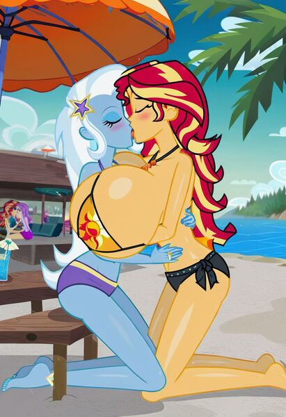 Size: 832x1216 | Tagged: questionable, ai content, machine learning generated, prompter:tiamatnightmare, sunset shimmer, trixie, human, equestria girls, beach, bikini, breasts, busty sunset shimmer, busty trixie, clothes, female, humanized, image, jpeg, lesbian, shipping, suntrix, swimsuit