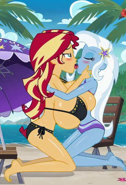 Size: 832x1216 | Tagged: questionable, ai content, machine learning generated, prompter:tiamatnightmare, sunset shimmer, trixie, human, equestria girls, beach, bikini, breasts, busty sunset shimmer, busty trixie, clothes, female, humanized, image, jpeg, lesbian, shipping, suntrix, swimsuit