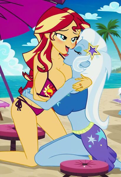 Size: 832x1216 | Tagged: questionable, ai content, machine learning generated, prompter:tiamatnightmare, sunset shimmer, trixie, human, equestria girls, beach, bikini, breasts, busty sunset shimmer, busty trixie, clothes, female, humanized, image, jpeg, lesbian, shipping, suntrix, swimsuit